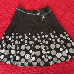 Black Circle-Print A-Line Skirt with Decorative Buttons